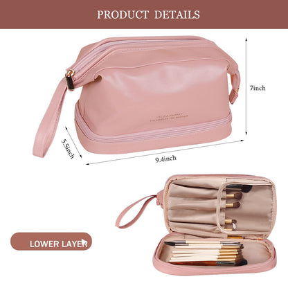 open flat travel makeup bag with separated brush storage