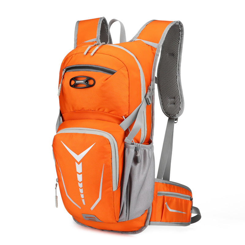 orange outdoor sports backpack with reflective strips and water resistant fabric