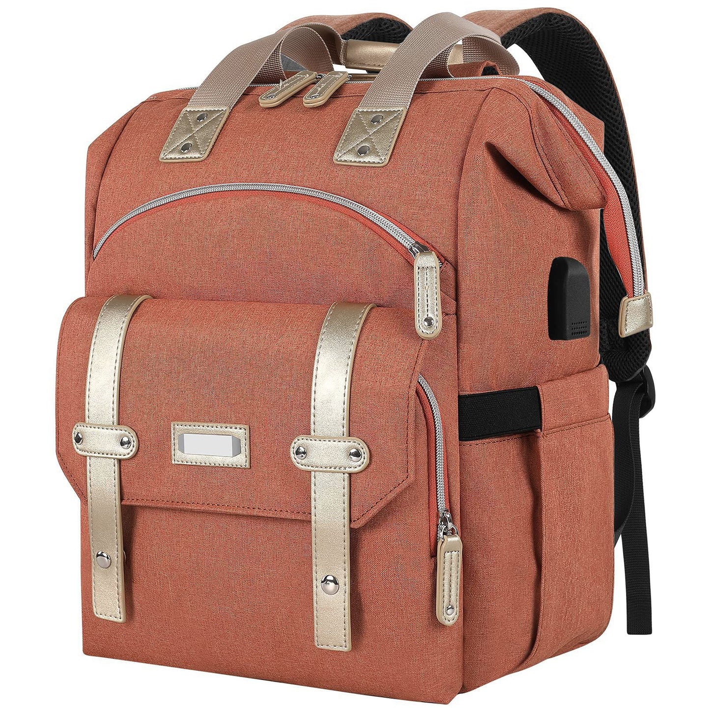 orange travel diaper backpack with organizer pockets