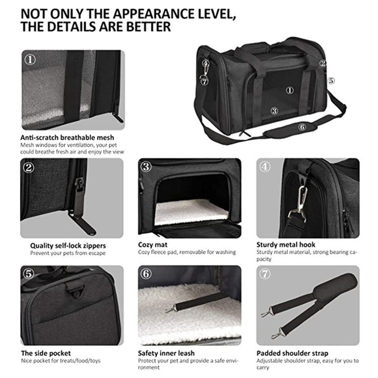 pet travel bag with breathable mesh self locking zippers removable mat safety leash and padded strap