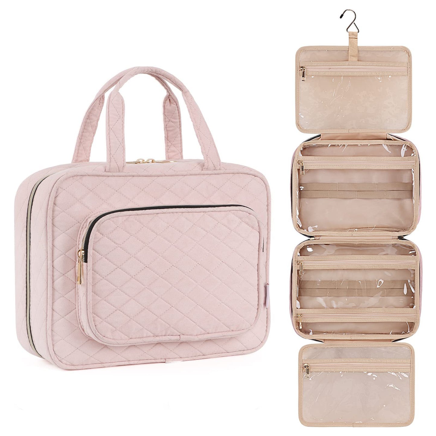 pink custom toiletry bag with hanging design for travel organization