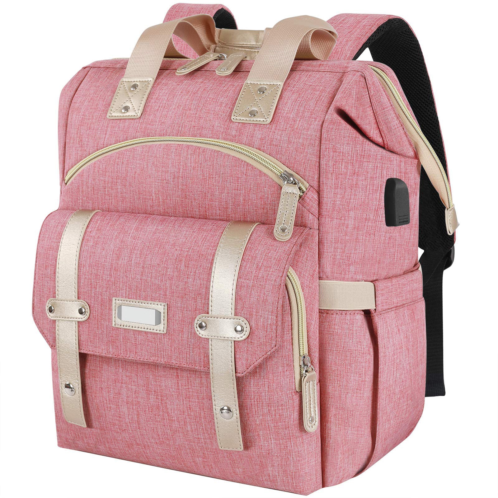 pink laptop diaper backpack with usb charging port