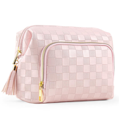 pink leather cosmetic bag with checkerboard pattern and tassel decoration