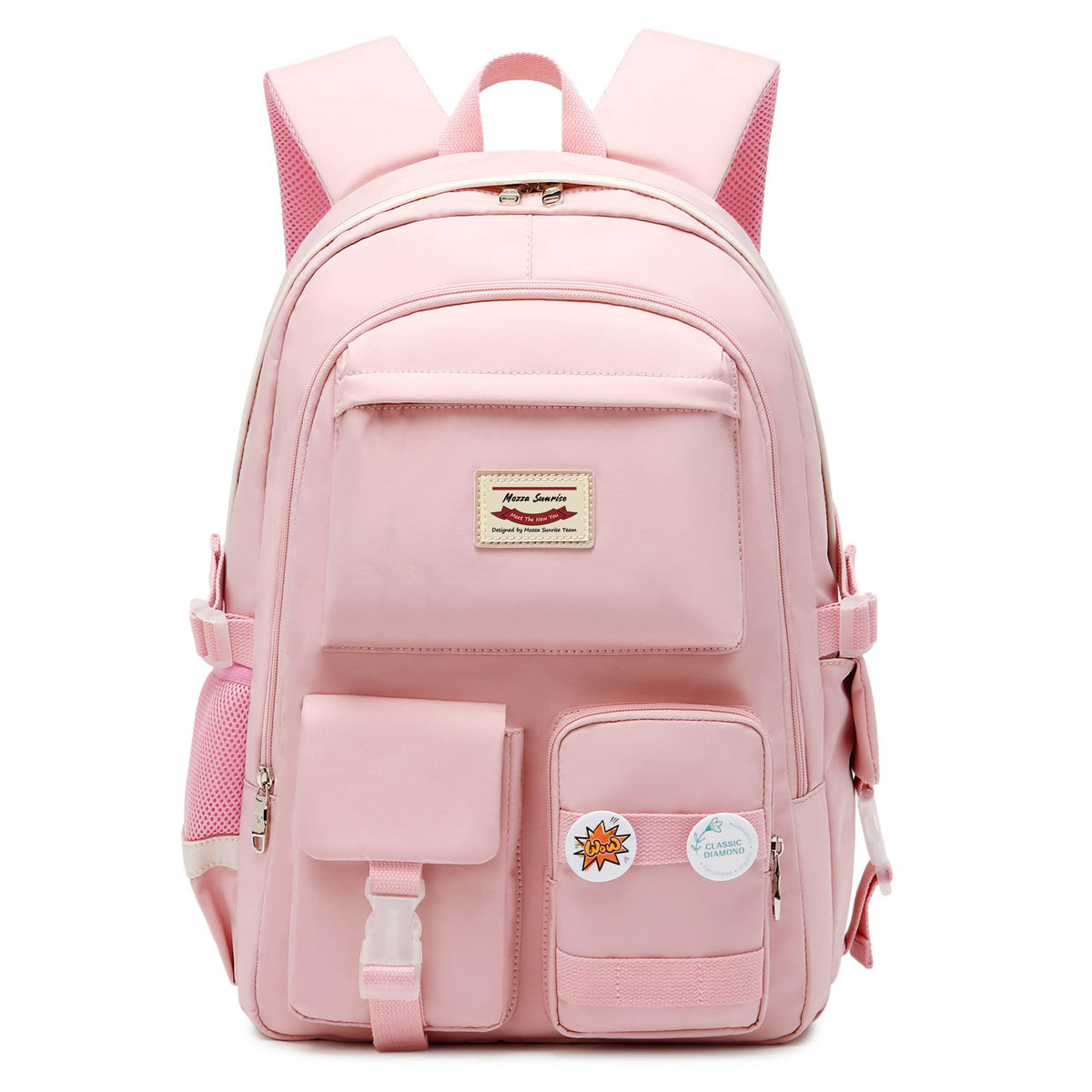 pink school backpack for teen girls with multiple front organizer pockets and padded shoulder straps
