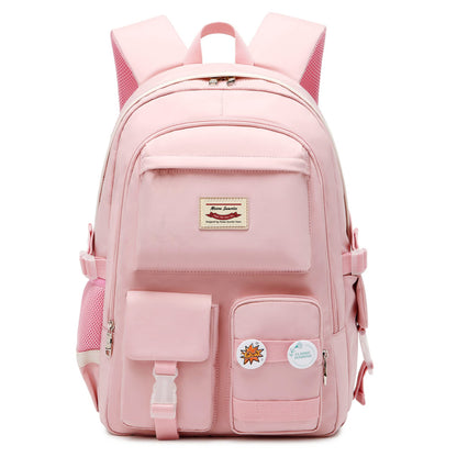 pink school backpack for teen girls with multiple front organizer pockets and padded shoulder straps