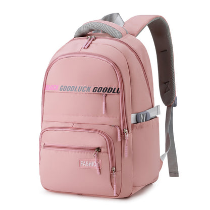 pink student backpack with water resistant fabric and multiple pockets