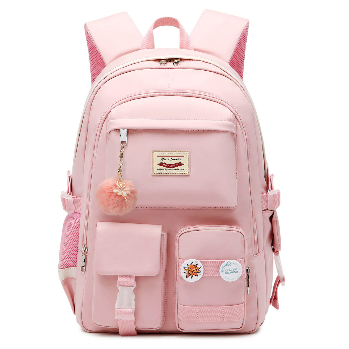 pink student laptop backpack with pink fur ball accessory and front organizer pockets