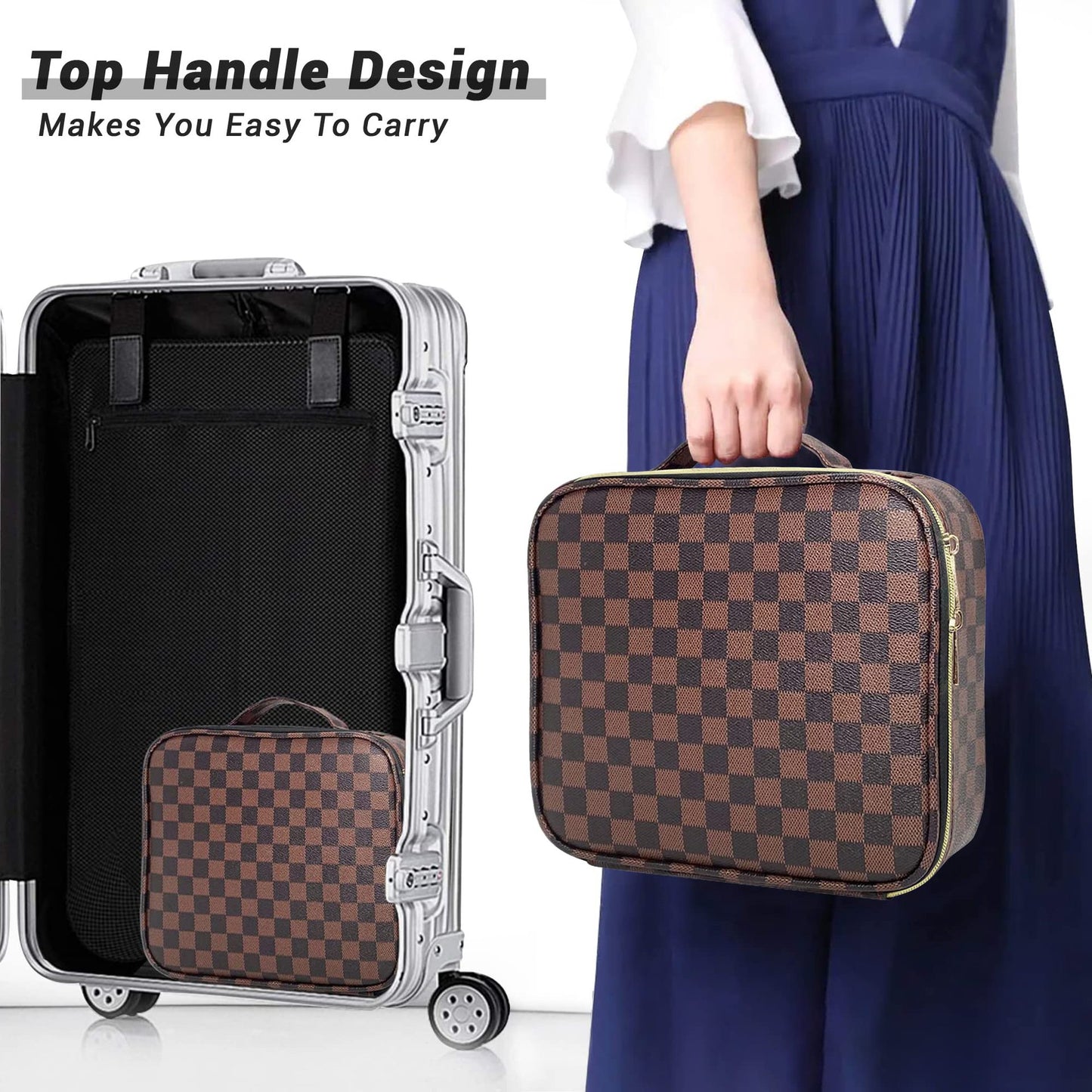 portable travel cosmetic bag with handle for luggage and trips