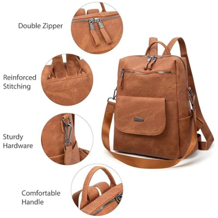 pu leather backpack with durable zipper hardware and reinforced stitching details