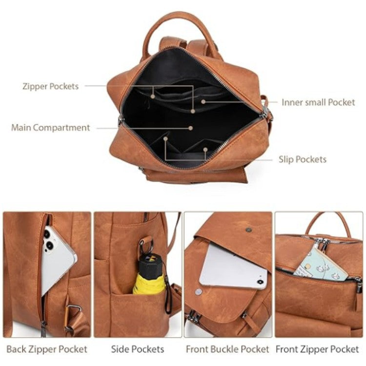 pu leather womens backpack with multi compartment interior storage design