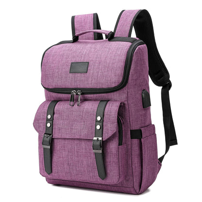 purple everyday laptop backpack with front flap storage buckle details and side pockets