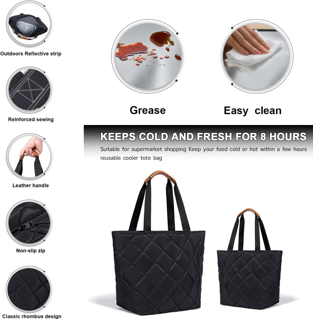 quilted cooler tote with reinforced stitching top zipper long handles and product graphic showing up to 8 hours cold storage