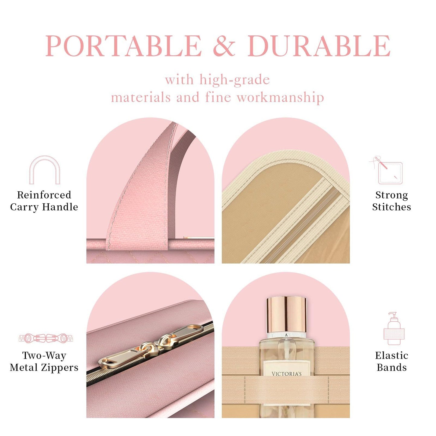 quilted cosmetic bag with reinforced handle and durable metal zipper details