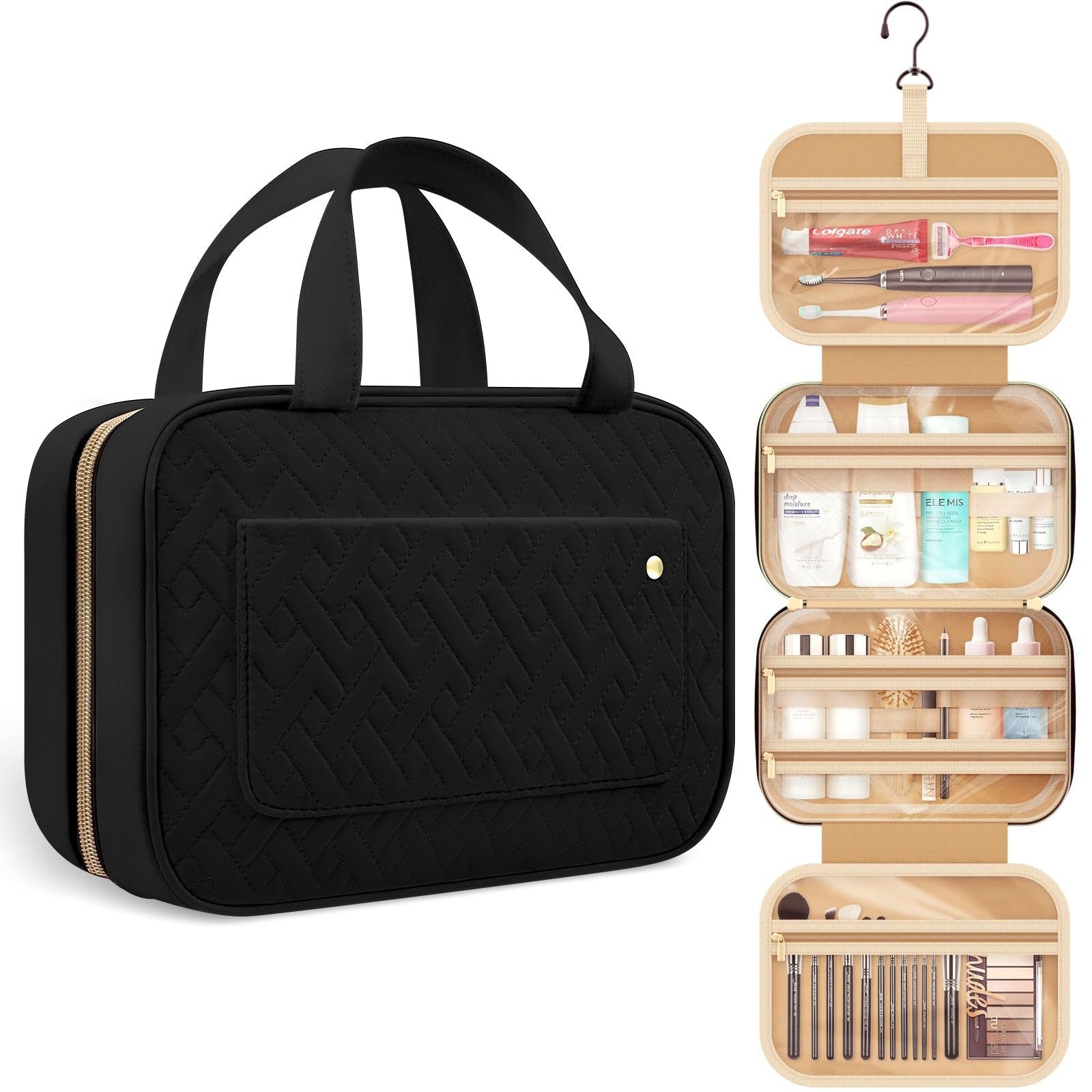 quilted hanging toiletry bag available in black for wholesale customization