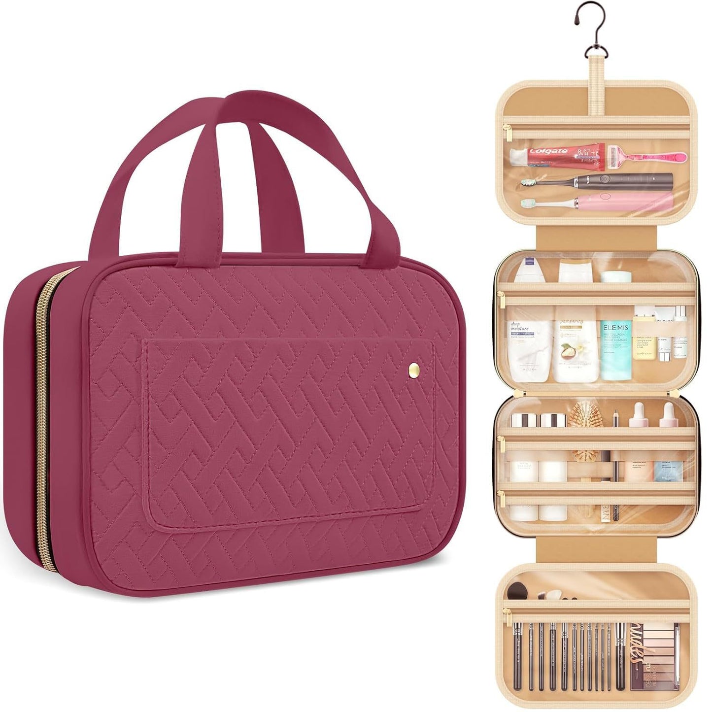 quilted hanging toiletry bag available in burgundy for wholesale customization