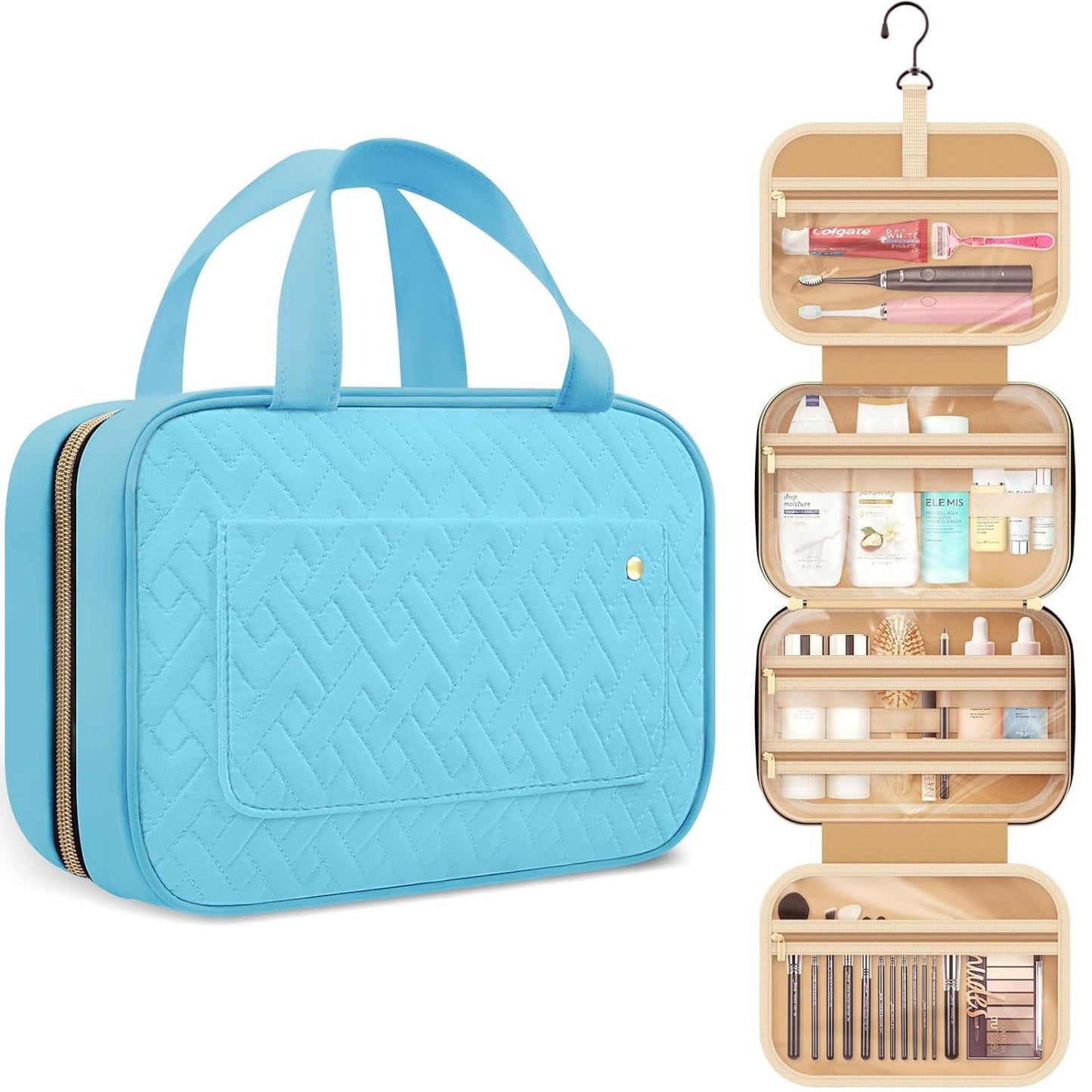 quilted hanging toiletry bag available in peacock blue for wholesale customization