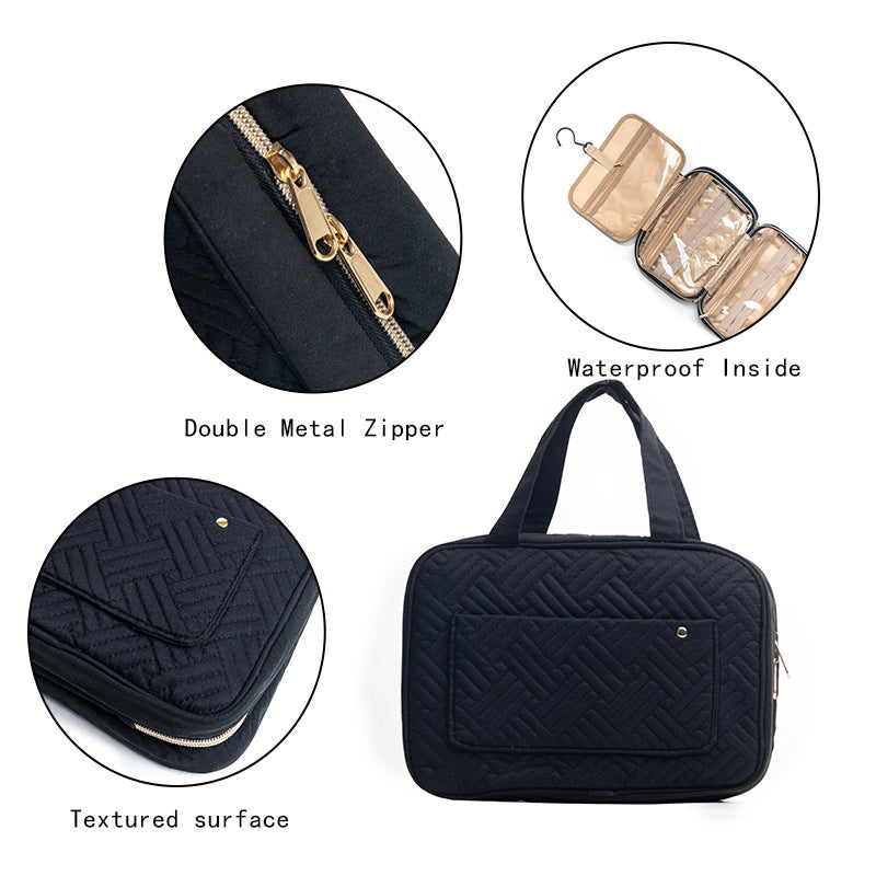 quilted makeup bag with double zipper and durable textured surface detail