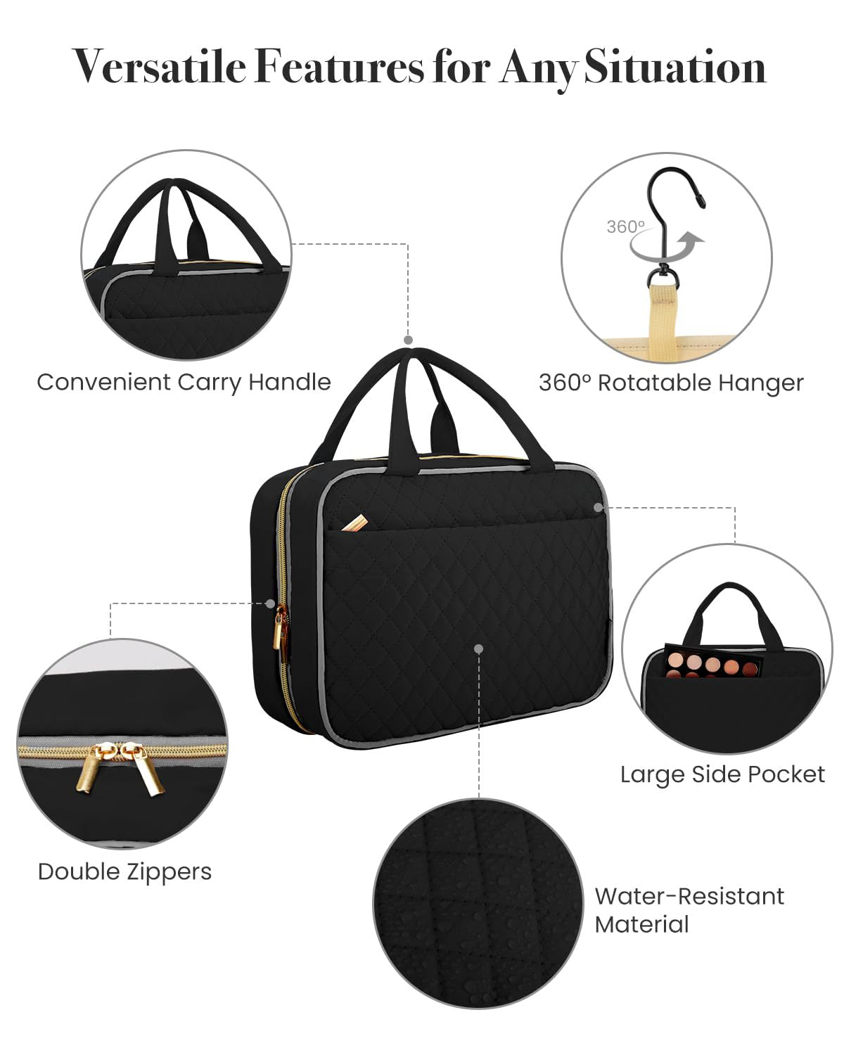 quilted makeup bag with 360 degree hanging hook and multiple compartments