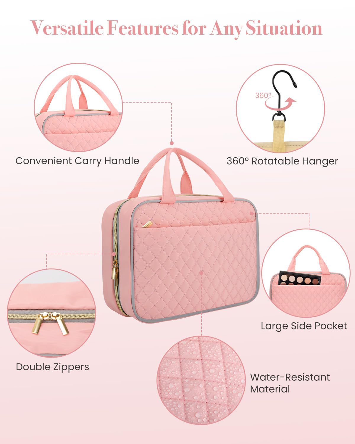 quilted pink makeup bag with 360 degree hanging hook and multiple compartments