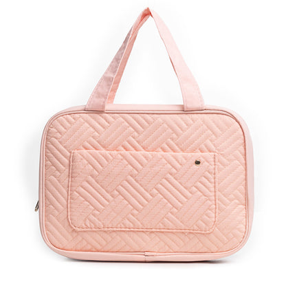 quilted travel makeup bag with handle for cosmetic storage and beauty essentials
