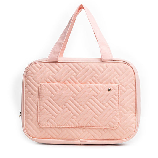 quilted travel makeup bag with handle for cosmetic storage and beauty essentials