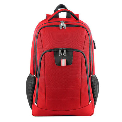 red commuter computer pack with layered front storage and side mesh pockets