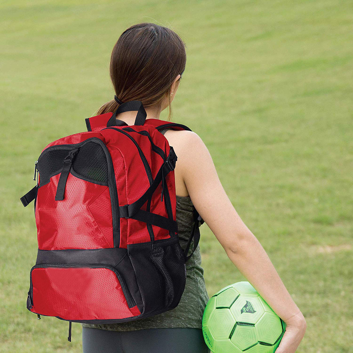 red school sports backpack with soccer ball holder