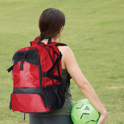 red school sports backpack with soccer ball holder