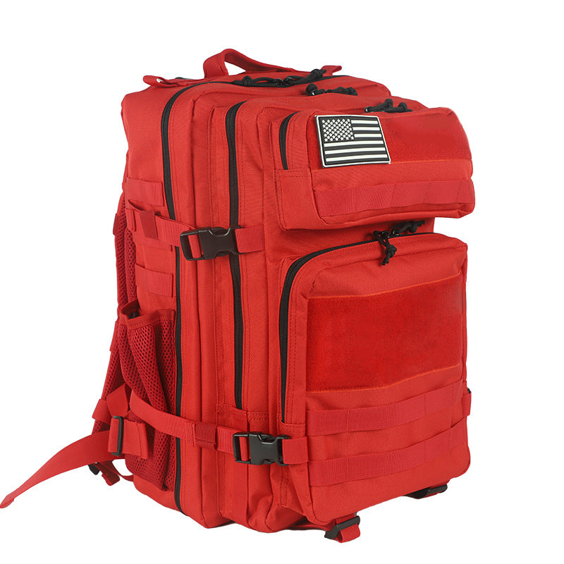 red tactical backpack with multiple storage compartments