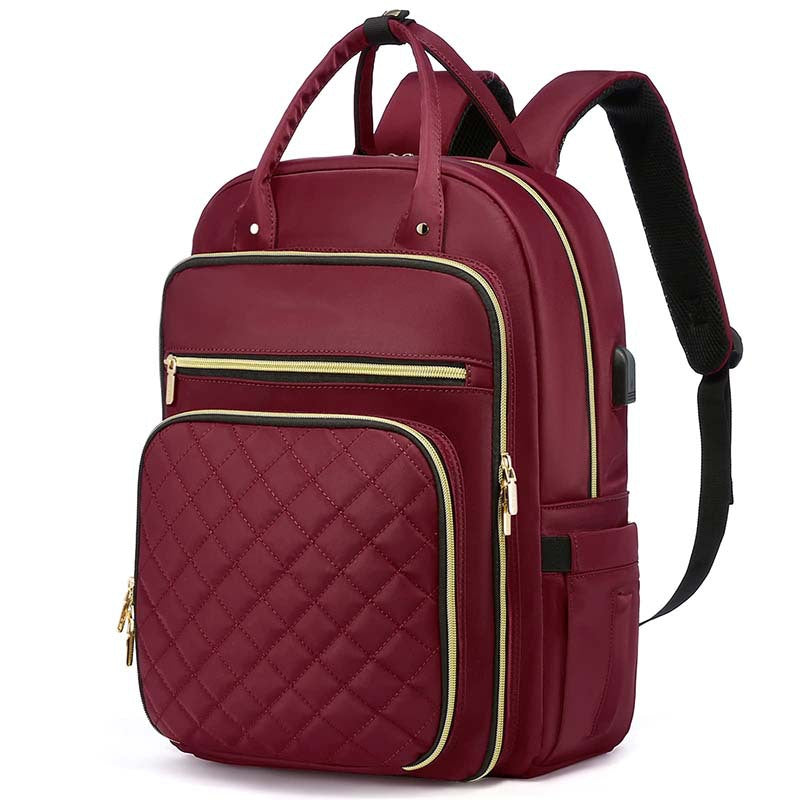 red women's laptop backpack with quilted front pocket