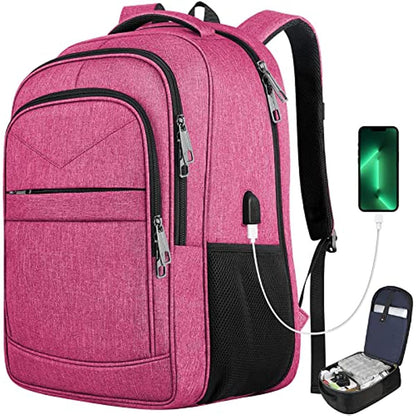 rose red multi-compartment college backpack with usb access, side mesh pocket and padded shoulder straps