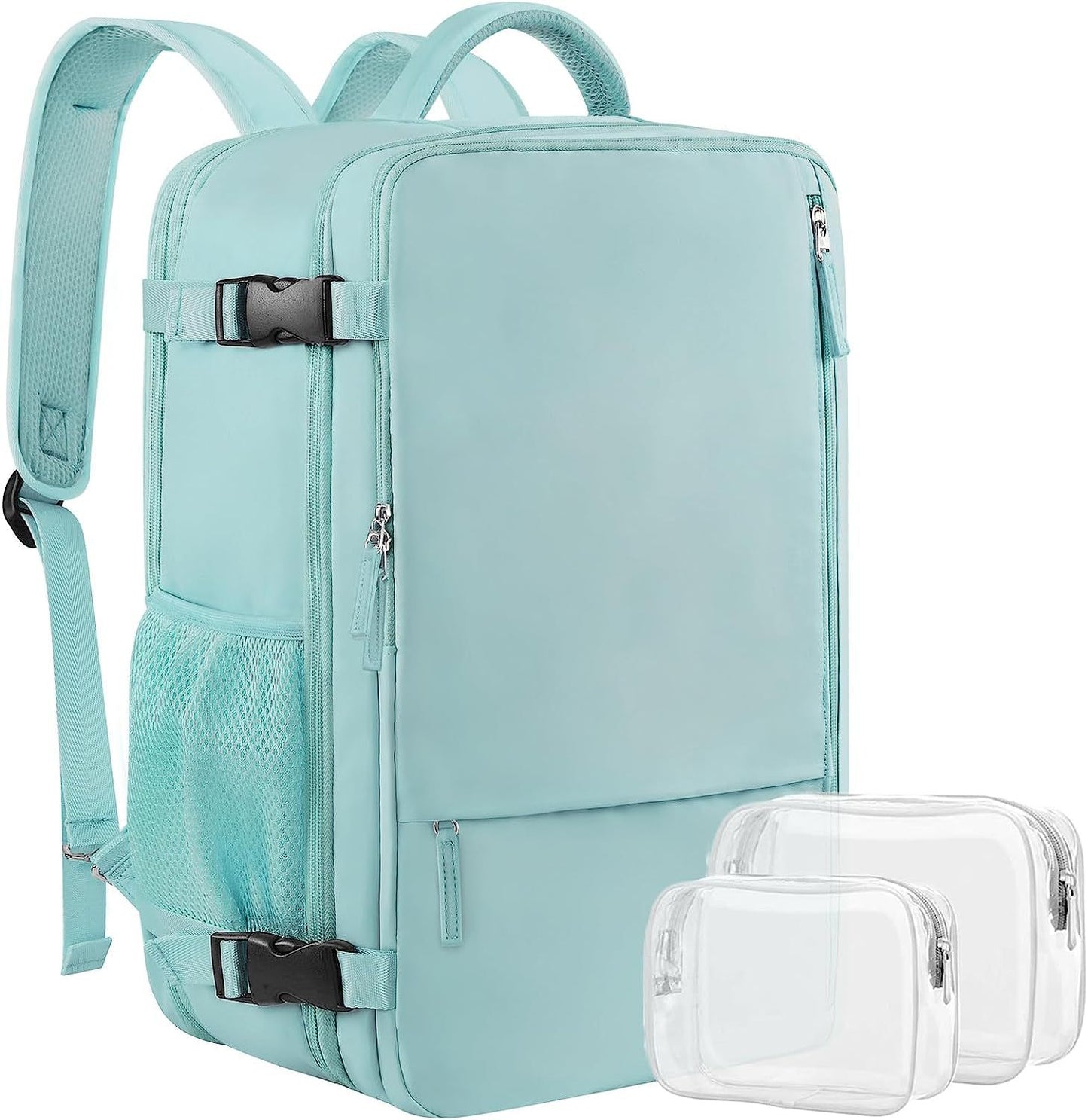sky blue lightweight travel backpack with storage pouches