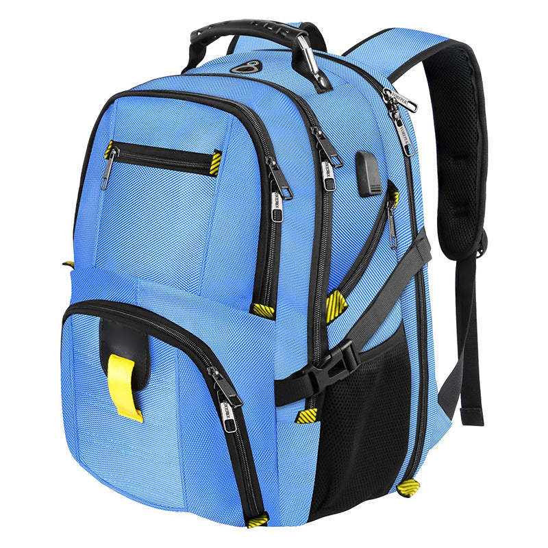 sky blue travel backpack with laptop compartment and lightweight design