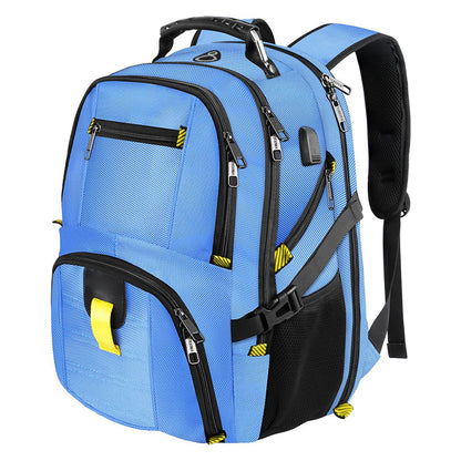 sky blue travel backpack with laptop compartment and lightweight design