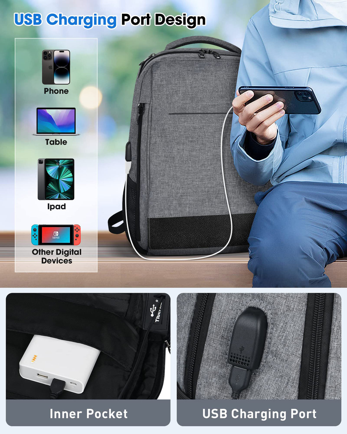 smart backpack with usb charging port for phone tablet and laptop devices