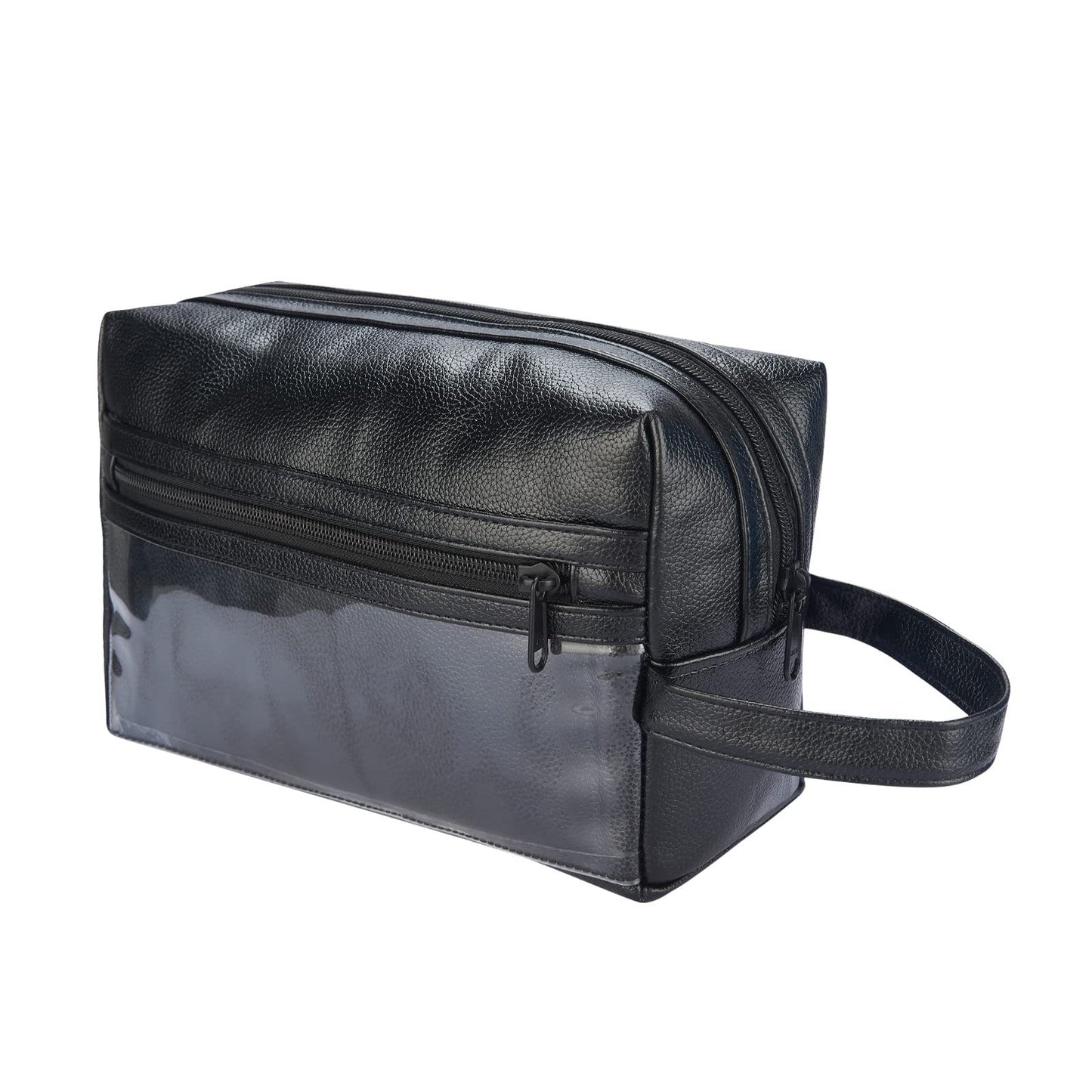 black waterproof cosmetic bag with leather-look finish front view