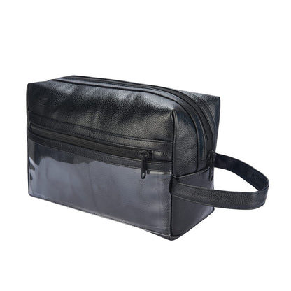 black waterproof cosmetic bag with leather-look finish front view