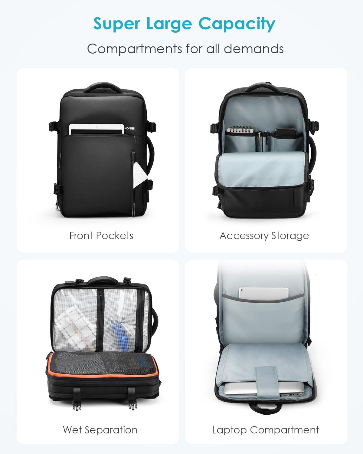 travel backpack with laptop compartment accessory storage and wet separation pockets