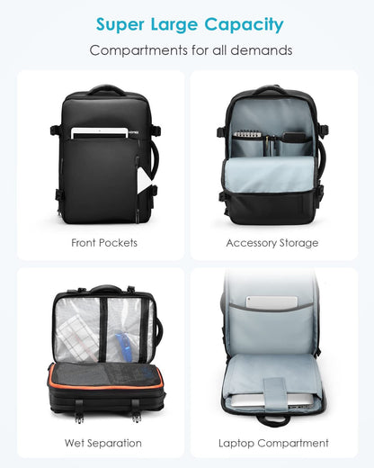 travel backpack with laptop compartment accessory storage and wet separation pockets