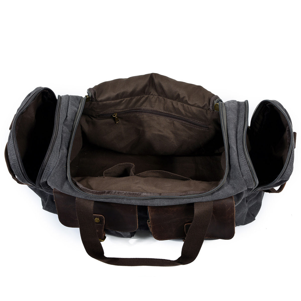 travel duffel bag open interior with large main compartment internal zipper pocket and side compartments