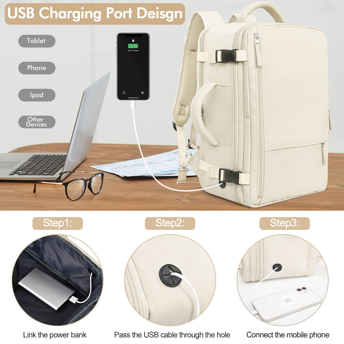 travel laptop backpack with USB cable pass-through for connecting an internal power bank to a mobile device