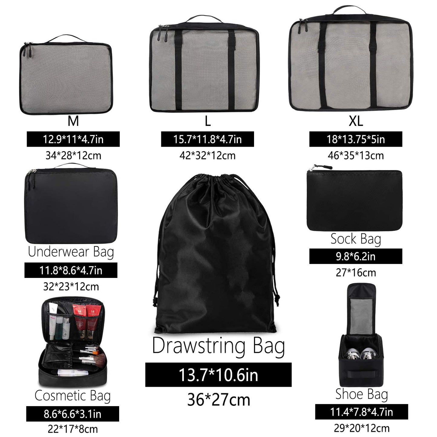 black nylon fanlosn travel packing organizers,custom,dimensions