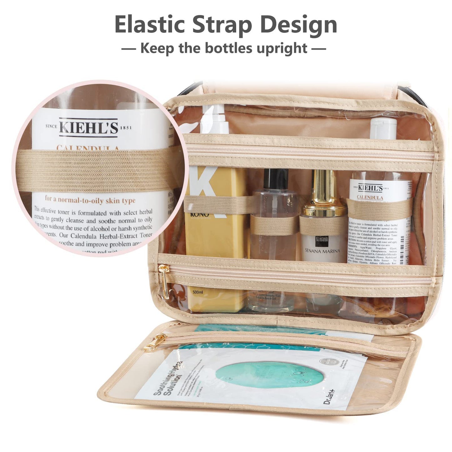 large travel toiletry bag with elastic straps to keep bottles organized and secure