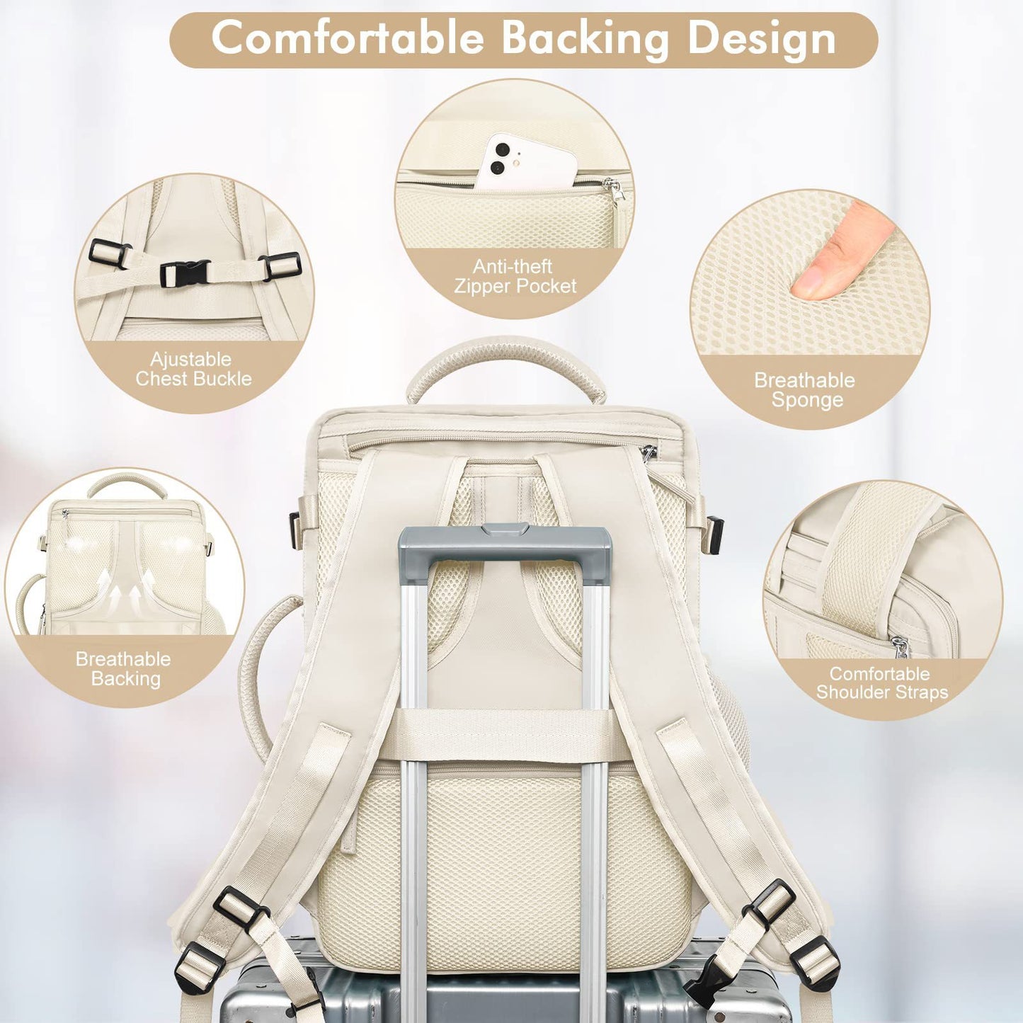 beige fanlosn waterproof travel work backpack,custom,detail 03