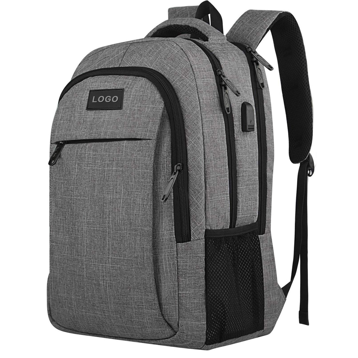 gray business laptop backpack with front logo panel and side mesh pocket for bulk customization