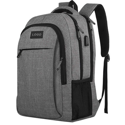 gray business laptop backpack with front logo panel and side mesh pocket for bulk customization