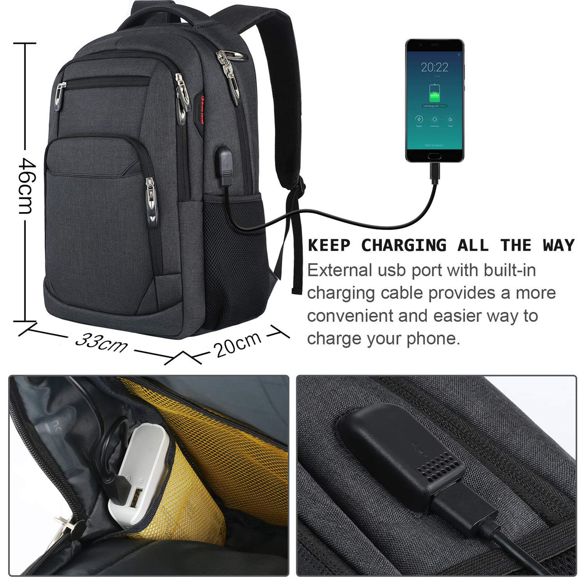 usb charging backpack with external port and business travel size