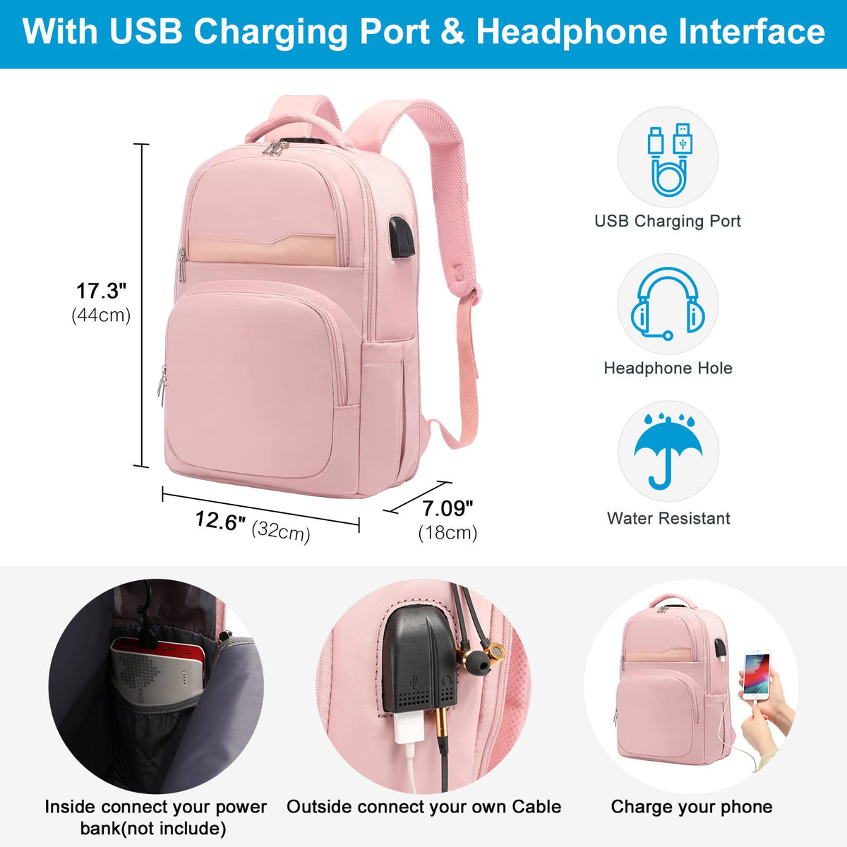 usb charging backpack with headphone port and water resistant laptop backpack design