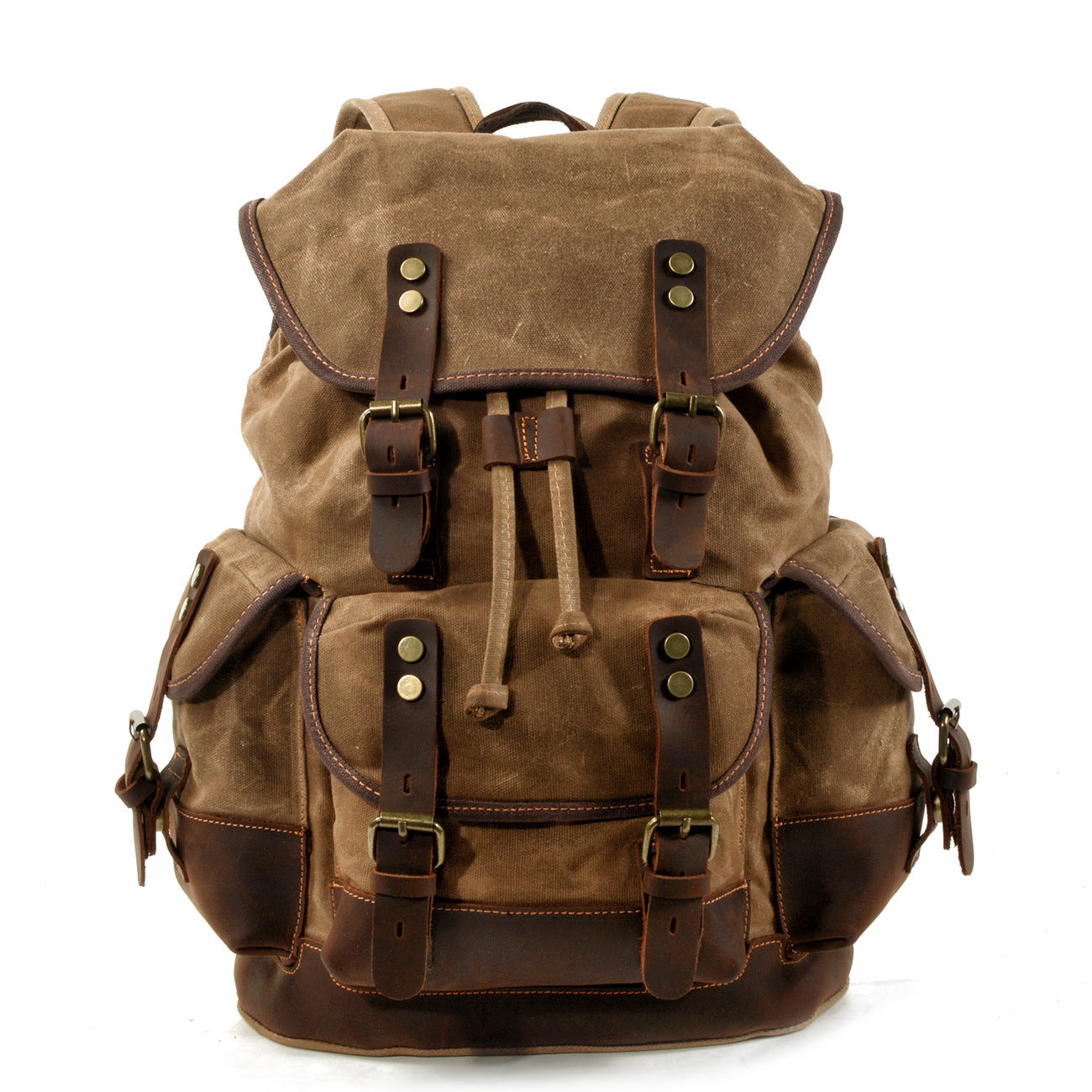 vintage canvas leather rucksack backpack with front flap and leather buckle closure