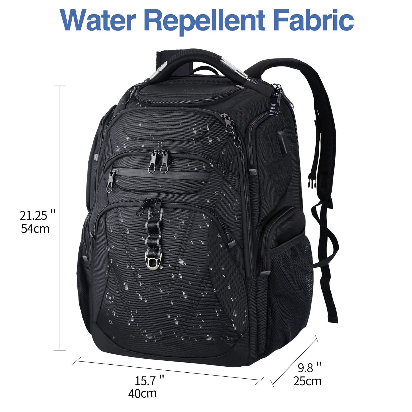 water resistant black travel backpack with large capacity design